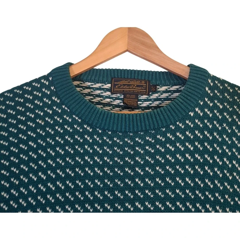 Vintage 90s Eddie Bauer Birds Eye Sweater Men's Large Green Crewneck Knit Cotton